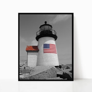 Nantucket Lighthouse American Flag Photography Cape Cod Art Nautical Decor Coastal Photograph Brant Point Light Summer New England Photo image 1
