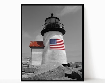 Nantucket Lighthouse American Flag Photography Cape Cod Art Nautical Decor Coastal Photograph Brant Point Light Summer New England Photo