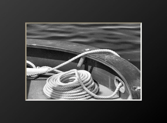 Boat Line Nautical Photography Rope Coiled Line Wooden Oyster Boat  Photograph Teak Stern Rail Marine Prints Neutral Decor Boating Canvas Art 