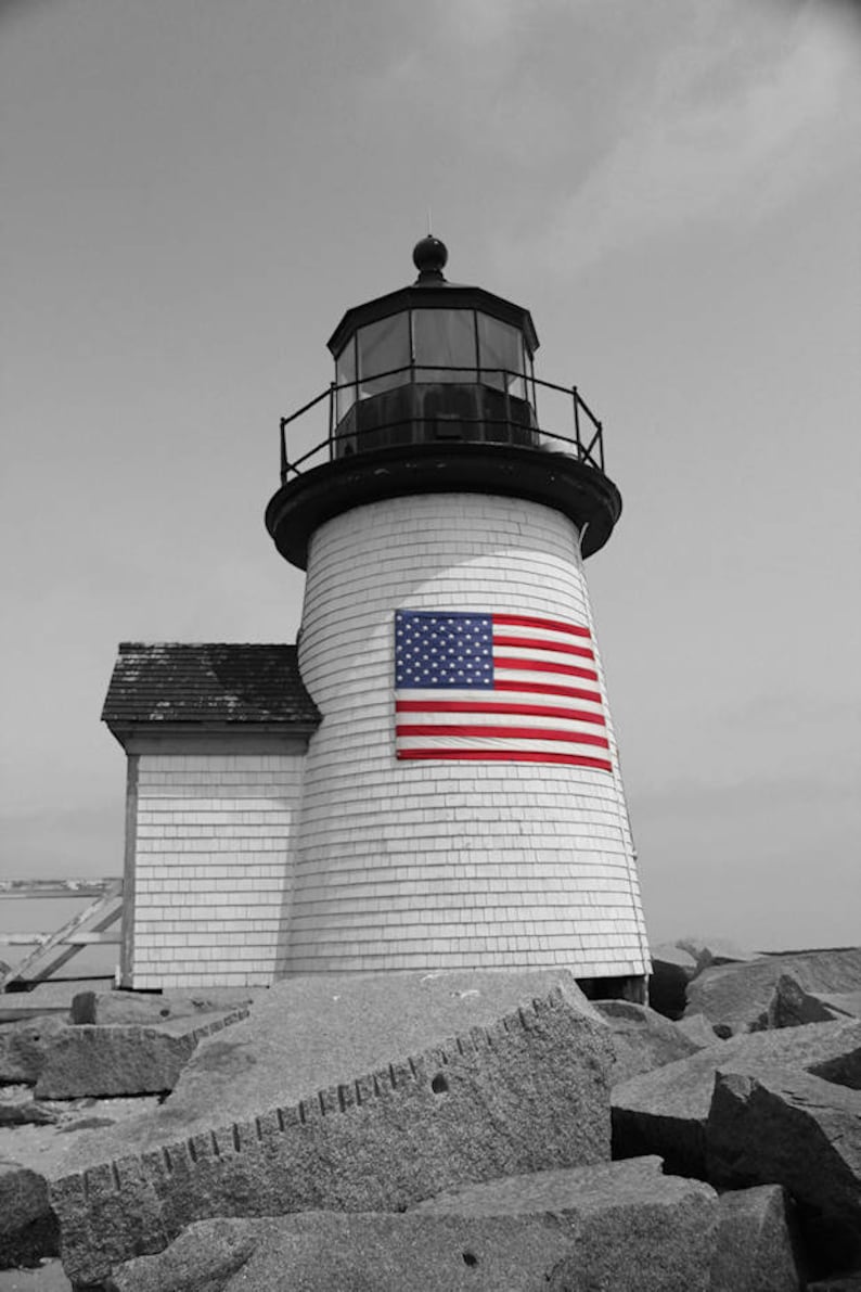 Nantucket Lighthouse American Flag Photography Cape Cod Art Nautical Decor Coastal Photograph Brant Point Light Summer New England Photo image 3