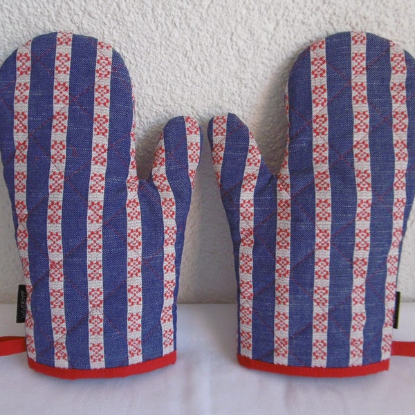 Topfhandschuhe Ofenhandschuhe Topflappen Jeans (1 Paar) mit roten Streifen Ornamente
