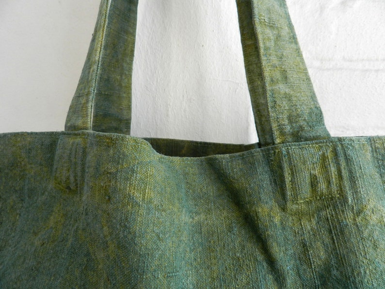 Basil Green Linen Market Bag natural Indigo and Pomegranate extracts hand dyed 34x48x12 cm 13x19x5 inches