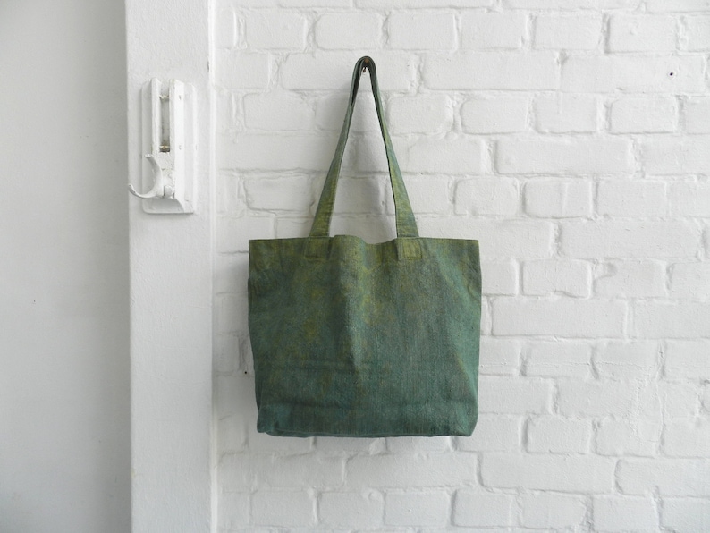 Basil Green Linen Market Bag natural Indigo and Pomegranate extracts hand dyed 34x48x12 cm 13x19x5 inches