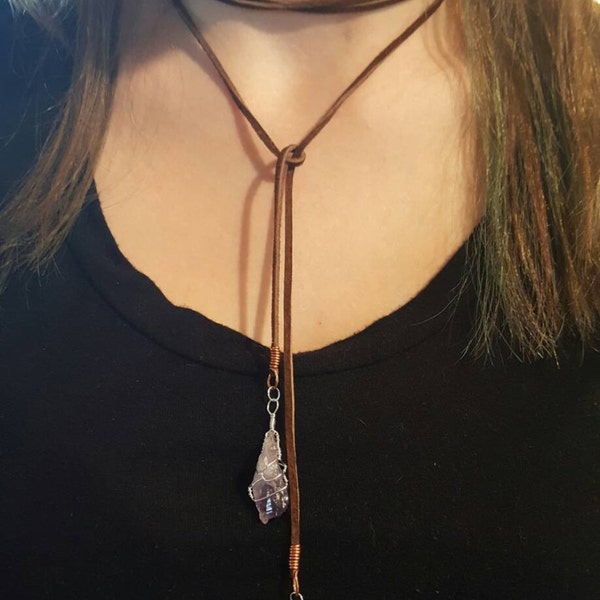 Silver Wire Wrapped Raw Amethyst Bolo Choker with Copper Accents