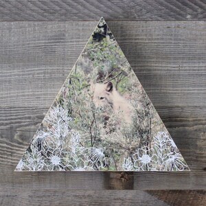 FLORA / WOLF &gt;&gt;&gt; Photo transfer and silkscreen on wood cradle &gt;&gt;&gt; 10&quot; Triangle