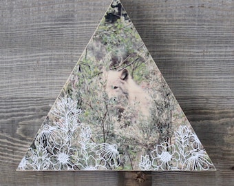 FLORA / WOLF >>> Photo transfer and silkscreen on wood cradle >>> 10" Triangle