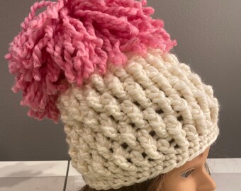 Ivory and Pink Chunky Crochet Hat, knitted hat, homemade hat, Pom Pom hat, pink and white hat, ribbed hat, cute hat, winter hat, beanie