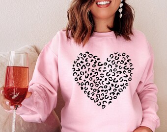 Sudadera De Corazón Leopard, Sudadera de Día de San Valentín, Suéter de Día de San Valentín, Sudadera de Corazón, Sudadera Linda de San Valentín, Suéter de Amor