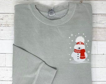 Muñeco de nieve con bufanda sudadera invierno Navidad vacaciones pigmento teñido de alta calidad sudadera bordada temporada suéter festivo amante