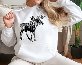 Moose Hoodie with Moose Design, Unisex Hoodie, Moose with Trees, Camping Sweatshirt, Gift for Him, Gift for Her, Moose with Scenery