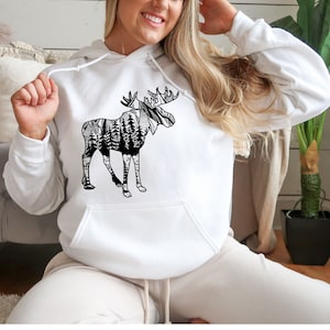 Moose Hoodie with Moose Design, Unisex Hoodie, Moose with Trees, Camping Sweatshirt, Gift for Him, Gift for Her, Moose with Scenery