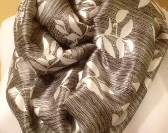 Black with white leaf pattern satiny infinity circle loop eternity scarf
