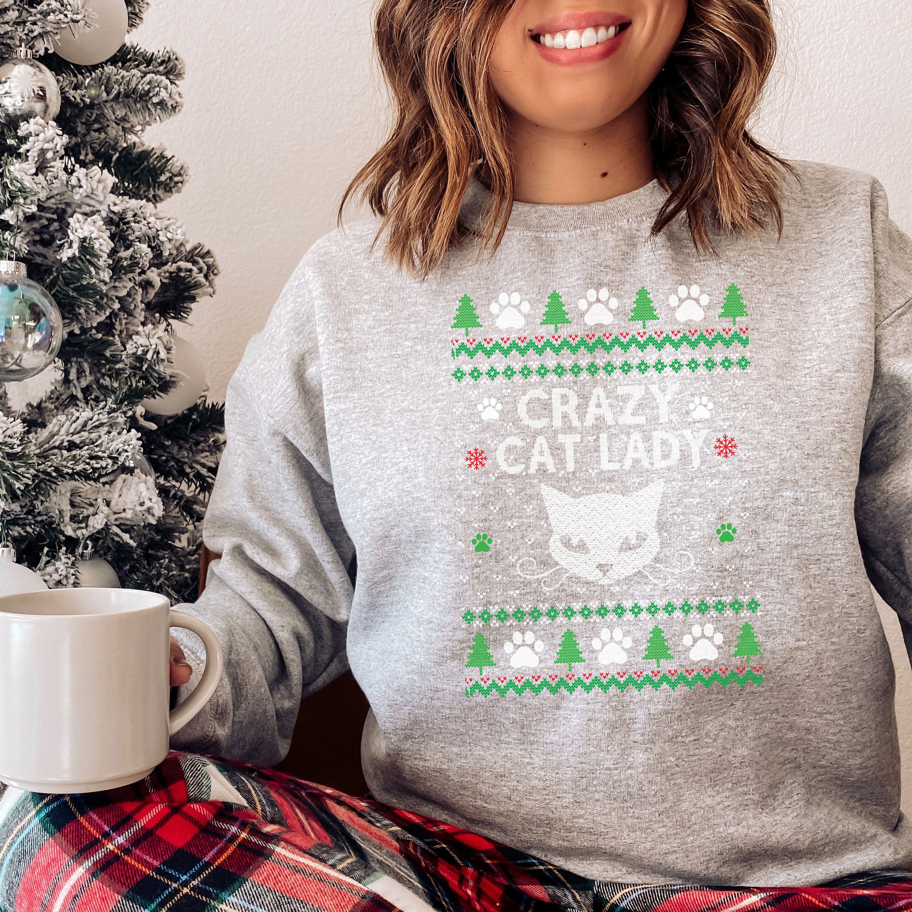 ZaffreBoutique Crazy Cat Lady Christmas Sweatshirt Crazy Cat Lady Ugly Christmas Sweater Holiday Cat Sweatshirt Xmas Sweater Unisex Crewneck Sweatshirt