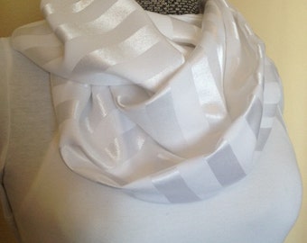 Pure white satin stripe infinity circle loop eternity scarf