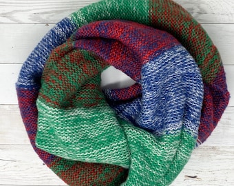 Blue Red and Green Striped Knit Mohair Wool Cowl Chunky Super Soft Neck Warmer Circle Loop Infinity Scarf
