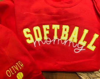 Custom Softball Mommy Sweatshirt | Glitter HTV Letters | Personalized Sleeve Name & Softball | Team Spirit Shirt | Choose Your Colors