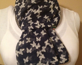 Navy with white butterflies Chiffon infinity circle loop eternity scarf