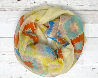 Yellow with Orange, Aqua and Blue Aztec Scarf or Infinity Circle Eternity Loop Scarf