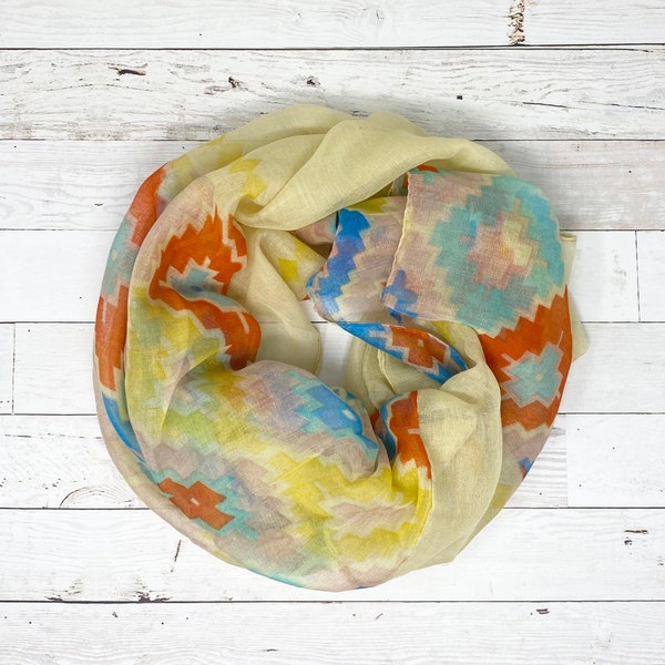 Yellow with Orange, Aqua and Blue Aztec Scarf or Infinity Circle Eternity Loop Scarf