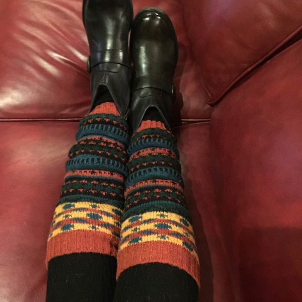 Red Rust With Black Blue and Yellow  in these cute Wool Nordic Fashion Knitted Leg Warmers with Pattern
