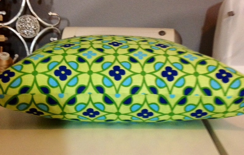 Was 32.00 Lime green with Navy and Light Blue pattern Pillow with insert included 18x18 inch with Gorgeous Home Decor Fabric on both sides image 2