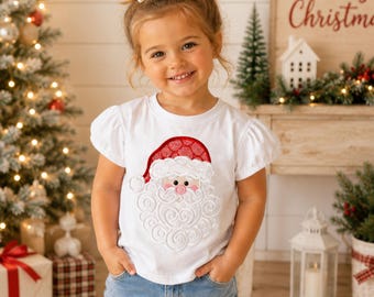 Santa with swirling Beard Shirt for girls, Christmas Santa Embroidery Shirt for girl, Embroidery Santa Top, Winter shirt girls, customizable