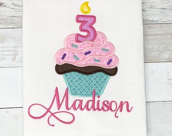 Cupcake Age Candle Birthday Shirt, Girls Birthday Shirt, Birthday Age Shirt, Girl’s Age Name Shirt, Shirt, Embroidery Shirt, Gift for Girl