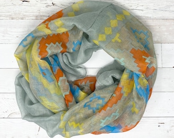 Sage Green Aztec Scarf or Infinity Circle Eternity Loop Scarf