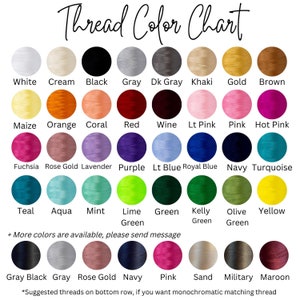 May include: A color chart showing 28 different thread colors, including white, cream, black, gray, dark gray, khaki, gold, brown, maize, orange, coral, red, wine, light pink, pink, hot pink, fuchsia, rose gold, lavender, purple, light blue, royal blue, navy, turquoise, teal, aqua, mint, lime green, green, kelly green, olive green, yellow, gray black, rose gold, navy, pink, sand, military, and maroon. The chart includes the text "Thread Color Chart" and "More colors are available, please send message".