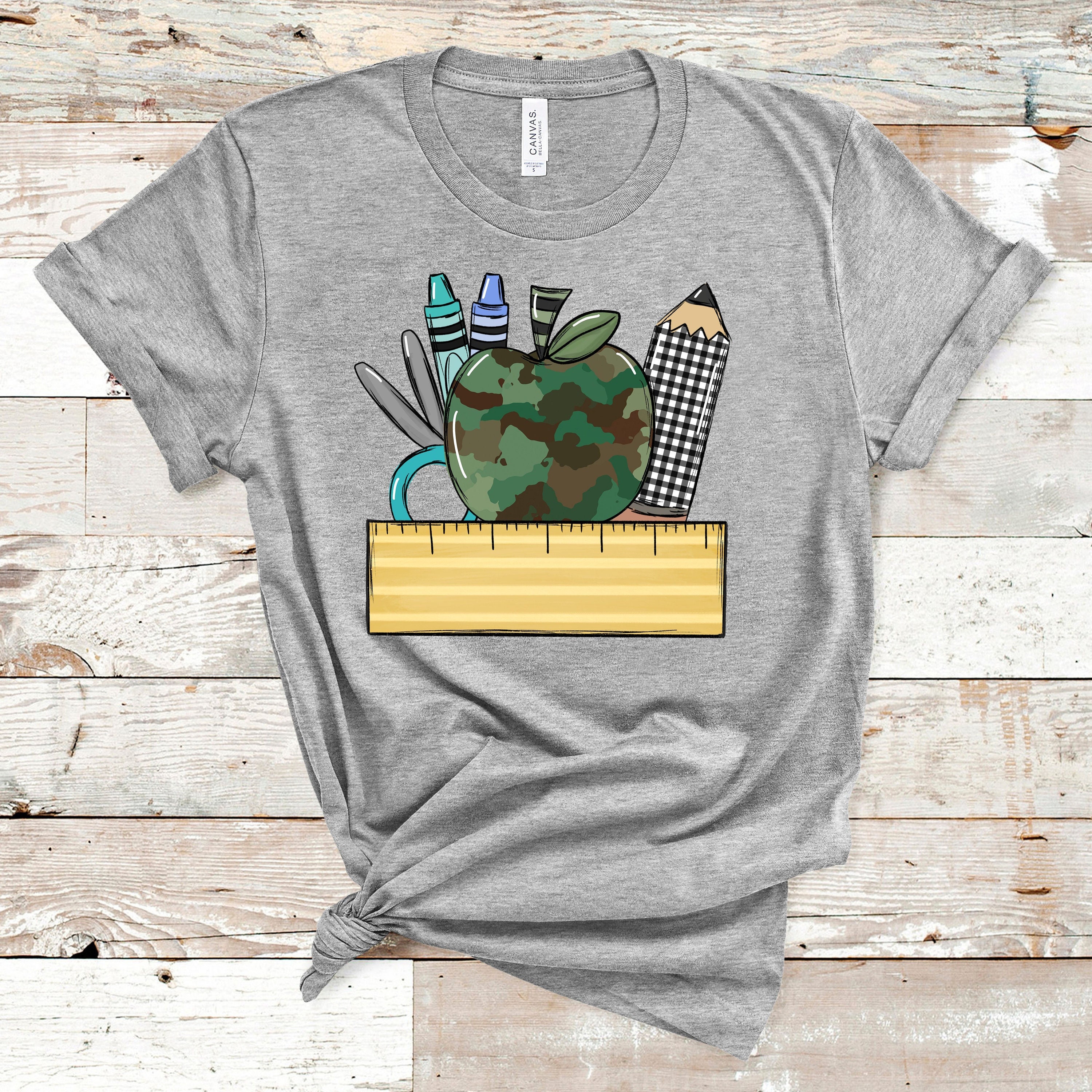 Camo Apple Teachers Shirt, Apple Pencil Crayons ruler scissors Top, Gift for Teacher, Camouflage Apple for Teacher, Unisex t-shirt
