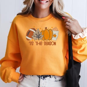 Tis The Season Embroidered Football Leaf Pumpkin Coffee Latte Unisex Sweatshirt Halloween Shirt Pumpkin Sweater Fall Fleece Sweatshirt