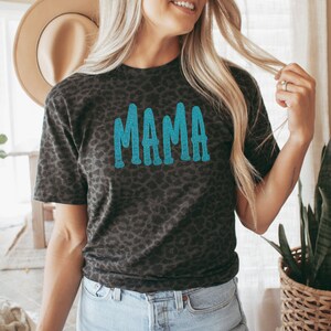 MAMA Embroidered Leopard Shirt, Mother&#39;s Day, Black Leopard Tshirt, Glitter Mama Shirt, Glitter Font Varsity, Black and Blue Mother Top