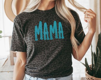 MAMA Embroidered Leopard Shirt, Mother's Day, Black Leopard Tshirt, Glitter Mama Shirt, Glitter Font Varsity, Black and Blue Mother Top