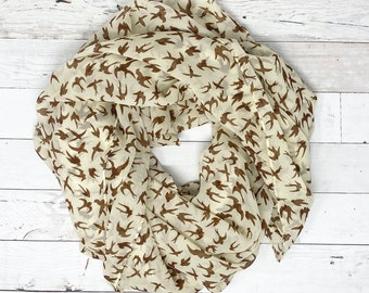 Off white Scarf with birds. Bird lover scarf. Gift for mom. Gift for bird watcher. 100% polyester
