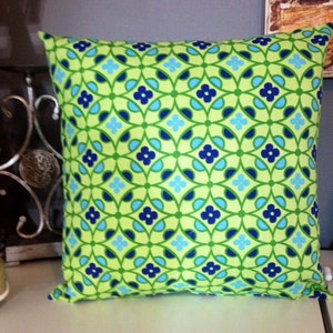 Was 32.00 Lime green with Navy and Light Blue pattern Pillow with insert included 18x18 inch with Gorgeous Home Decor Fabric on both sides image 1