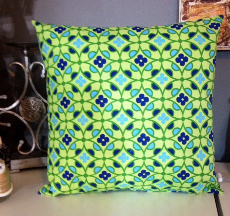 Was 32.00 Lime green with Navy and Light Blue pattern Pillow with insert included 18x18 inch with Gorgeous Home Decor Fabric on both sides image 1