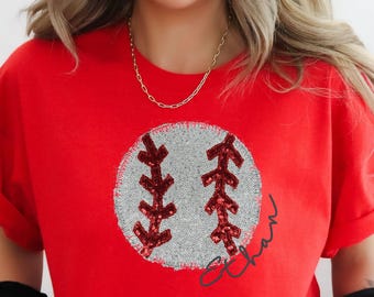 Baseball oder Softball Pailletten bestickte Applikation Unisex T-Shirt Spieltag Shirt mit optionalem Namen