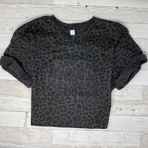 MAMA Embroidered Leopard Shirt, Mother&#39;s Day, Black Leopard Tshirt, Glitter Mama Shirt, Glitter Font Varsity, Black on Black Mother Top