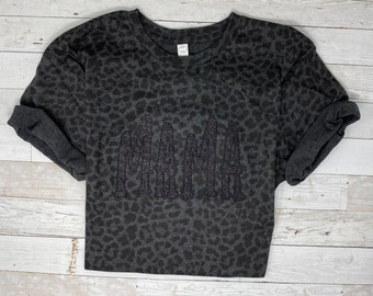 MAMA Embroidered Leopard Shirt, Mother's Day, Black Leopard Tshirt, Glitter Mama, Glitter Font Varsity, Black on Black Top Customizable