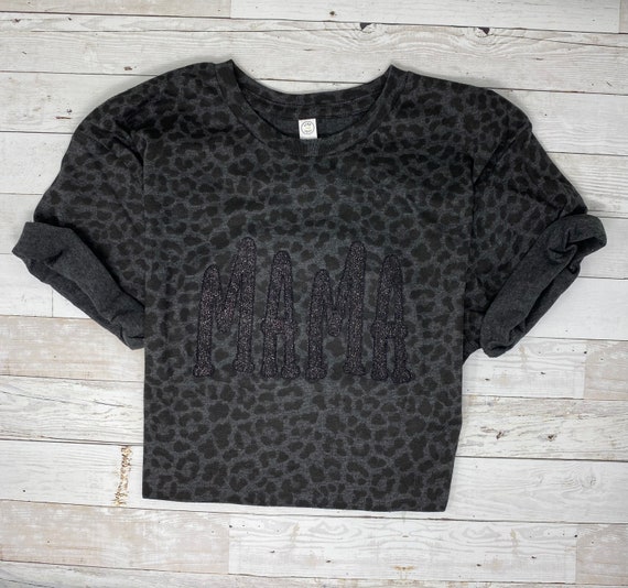 MAMA Embroidered Leopard Shirt, Mother's Day, Black Leopard Tshirt, Glitter Mama Shirt, Glitter Font Varsity, Black on Black Mother Top