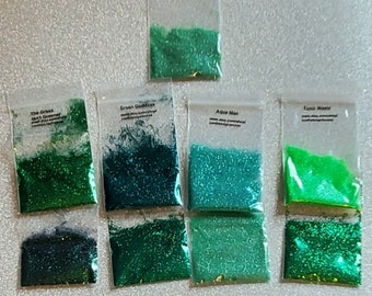 Greens, solvent resistant polyester glitter, nail glitter, tumbler glitter, epoxy glitter.