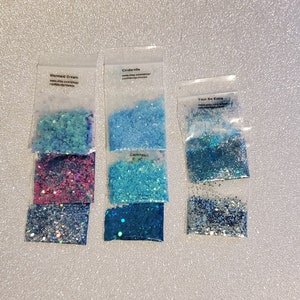 Blue glitter mix, solvent resistant polyester glitter, nail glitter, tumbler glitter, epoxy glitter.