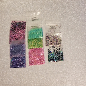 Chunky glitter mix, solvent resistant polyester glitter, nail glitter, tumbler glitter, epoxy glitter.