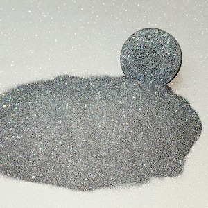 Puede incluir: Un montón de purpurina plateada iridiscente con una pequeña muestra de purpurina en un recipiente redondo.