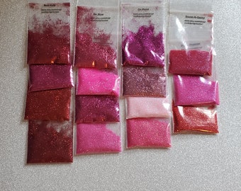 Pink and red, solvent resistant polyester glitter, nail glitter, tumbler glitter, epoxy glitter.