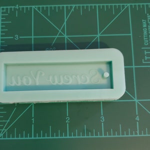 May include: A light green silicone mold for making a cake topper or other decorative item. The mold is rectangular and has the words "screw you" written in a cursive font.
