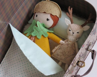 Woodland Themed Petite Acorn Doll 25cm with Wardrobe and Pet Deer in a Keepsake Suitcase