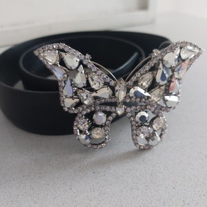 Vintage Jaeger black leather belt Swarovski butterfly crystal buckle Size small Made in England image 1