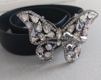 Vintage Jaeger black leather belt - Swarovski butterfly crystal buckle - Size small - Made in England