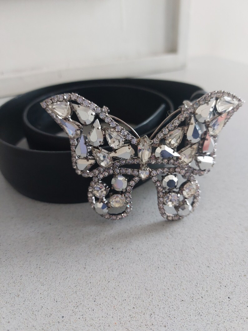 Vintage Jaeger black leather belt Swarovski butterfly crystal buckle Size small Made in England image 1